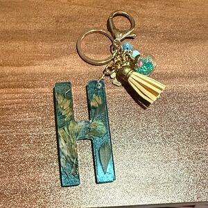 Teal Floral Initial Keychain with Tassel